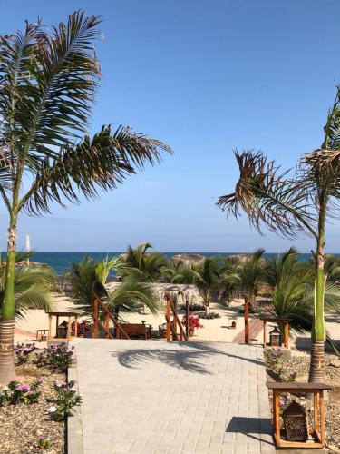 a sandy beach with palm trees and the ocean at El Samay Hotel Boutique in Canoas De Punta Sal