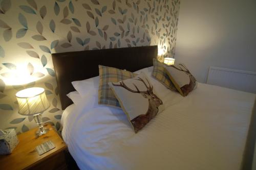 a bedroom with a bed with two pillows and two lamps at Morlea Bed & Breakfast in Drumnadrochit