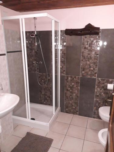 a bathroom with a shower with a toilet and a sink at Agriturismo Il Balcone sulla Valle in Bedero Valcuvia
