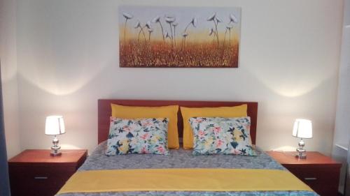 Lindo Apartamento Villa في بونتا دو سول: غرفة نوم بسرير مع مصباحين ولوحة