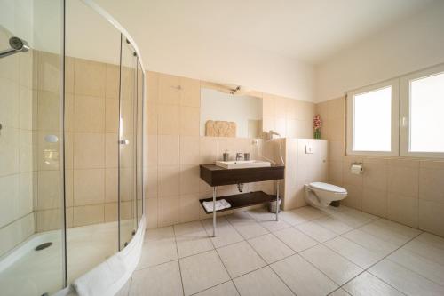 "ハルカーニャ"にあるA16 Design Panzióのバスルーム(シャワー、洗面台、トイレ付)