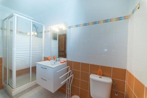 ein Bad mit einem WC, einem Waschbecken und einer Dusche in der Unterkunft Appartement Majo in Le Lamentin