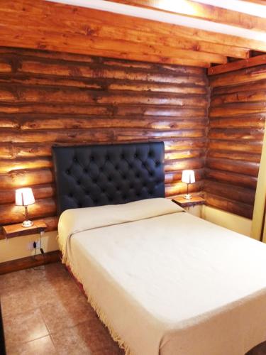 1 dormitorio con 1 cama y paredes de madera en Complejo Alma Serrana en Sierra de la Ventana