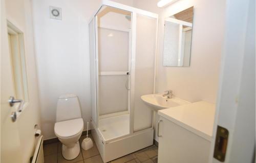 ヒュールスミンネにあるJuelsminde Campinghytteのバスルーム(トイレ、洗面台、シャワー付)