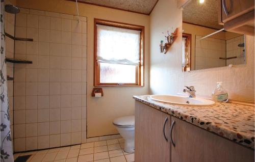 a bathroom with a sink and a toilet and a mirror at 3 Bedroom Amazing Home In Haderslev in Haderslev