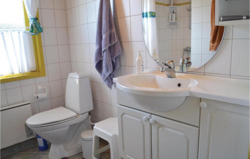 La salle de bains est pourvue d'un lavabo, de toilettes et d'un miroir. dans l'établissement 4 Bedroom Lovely Home In Nrre Nebel, à Lønne Hede