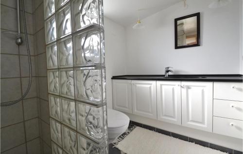 a bathroom with a shower and a toilet and a sink at Cimbria in Fanø