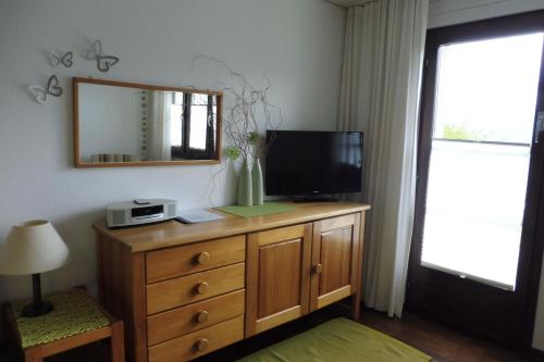 Habitación con tocador, TV y espejo. en Aragon V149, en Ernen