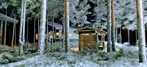 een blokhut in het bos in de sneeuw bij Tunturipöllö 2 in Ruka