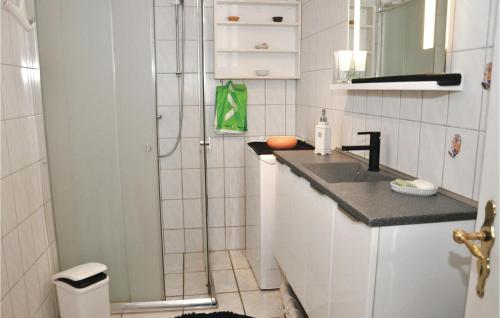 y baño pequeño con lavabo y ducha. en 3 Bedroom Stunning Apartment In Sydals, en Kegnæshøj