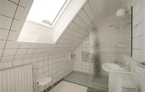 a bathroom with a toilet and a sink and a skylight at Cozy Home In Svaneke With Kitchen in Svaneke