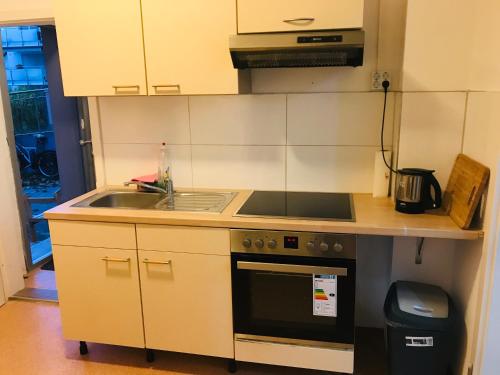 a small kitchen with a sink and a stove at Fam M & H Schöne 4 Zimmer in Wangen Im Allgäu in Wangen im Allgäu