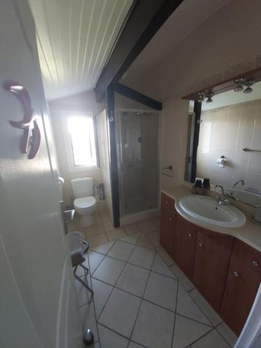 une salle de bain avec un lavabo et des toilettes dans l'établissement Euskadi, à Bidart