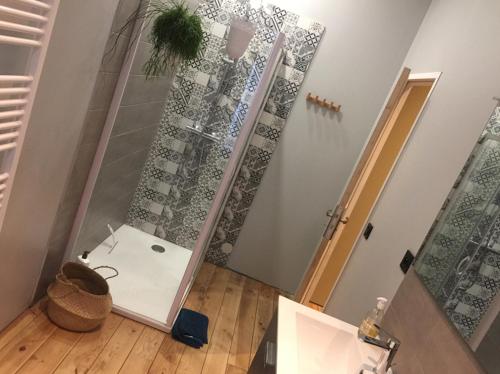 una ducha con puerta de cristal en una habitación en LES LOGES D'ARSENE en Aurillac