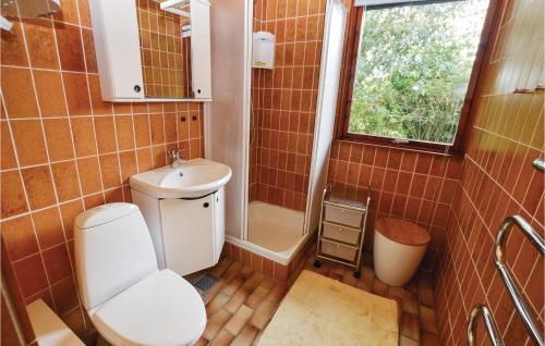 Skovbyballeにある3 Bedroom Lovely Home In Sydalsのバスルーム(トイレ、洗面台付)、窓が備わります。