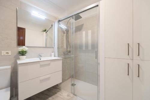 een witte badkamer met een douche en een wastafel bij CONCEPCIÓN SUITE PLAZA in La Laguna