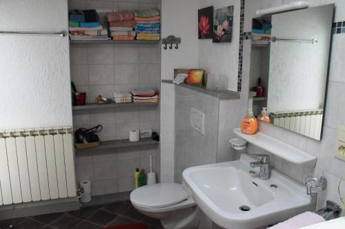 a bathroom with a sink and a toilet and a mirror at Casa Maria in Saint-Vith
