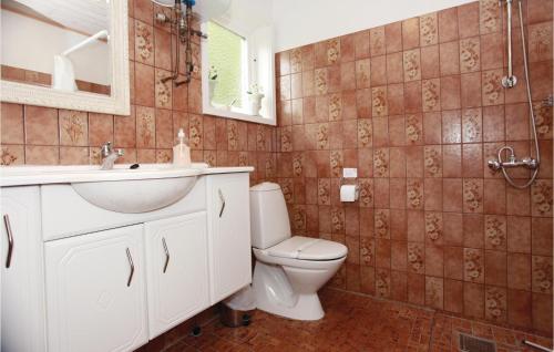 a bathroom with a toilet and a sink and a mirror at 2 Bedroom Nice Home In Vig in Vig