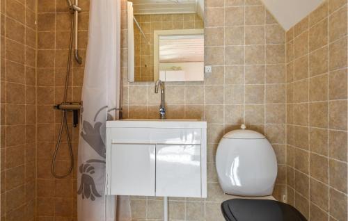 Nørre LyngvigにあるVejlgaardのバスルーム(トイレ、洗面台、鏡付)