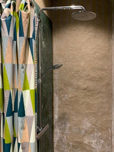 a shower with a glass door and a shower curtain at B&B Villa Thibault in Liège