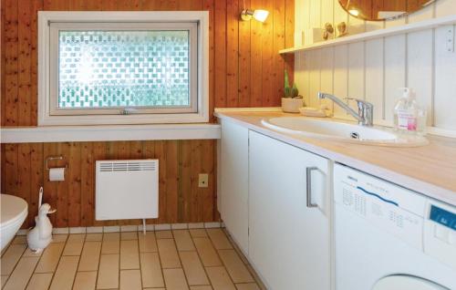 a bathroom with a sink and a toilet and a window at Nice Home In Rude With Kitchen in Rude
