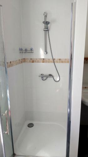 une salle de bain avec douche et lavabo dans l'établissement Brocante Heaven 1, à Aignan