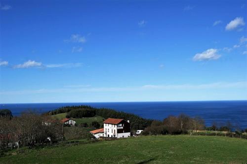 a house on a hill with the ocean in the background at Casa Rural Arboliz in Ibarrangelu