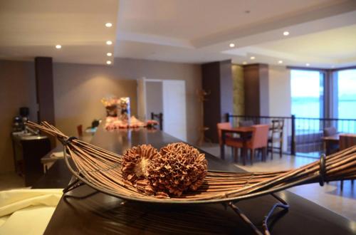 a hammock with two pine cones on it in a living room at Hotel Las Dunas in El Calafate