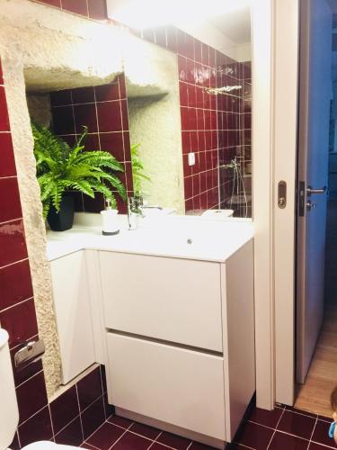 a bathroom with a white sink and a mirror at Casa da Teresina in Sistelo