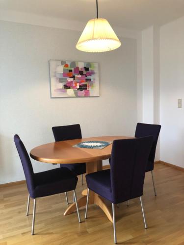 a dining room table with chairs and a light at Apartment and more in Klagenfurt