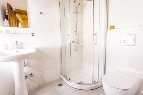 a bathroom with a shower and a toilet and a sink at Blossom rooms & suite in Veria