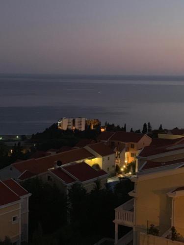 a view of the ocean from a city at night at Ive Lole Ribara 38 in Becici
