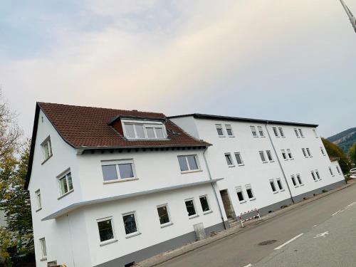 a white building with a brown roof on a street at Danilos Boardinghouse in Weinheim