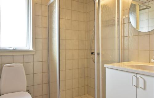 La salle de bains est pourvue d'une douche, de toilettes et d'un lavabo. dans l'établissement 3 Bedroom Cozy Home In Hvide Sande, à Havrvig