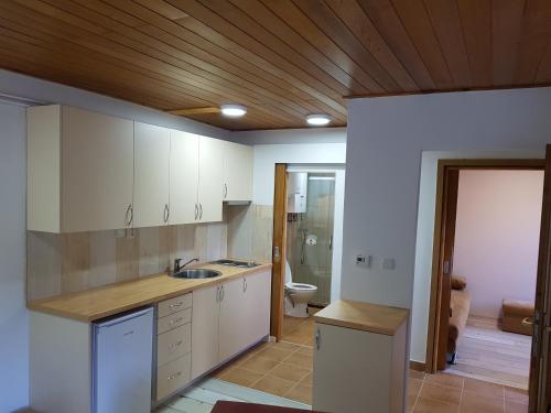 - une cuisine avec des placards blancs et des toilettes dans la chambre dans l'établissement Apartmani Nina Košuta, à Jahorina