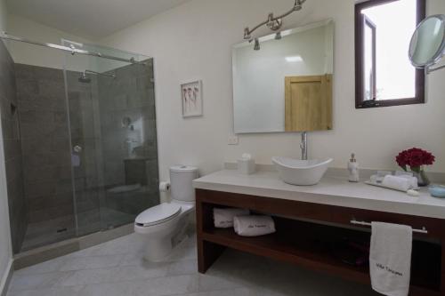 a bathroom with a toilet and a sink and a shower at Villa Toscana ValQuirico Lofts & Suites Hotel Boutique in Santeagueda