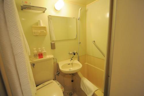 bagno con servizi igienici, lavandino e specchio di Asahikawa Sun Hotel a Asahikawa