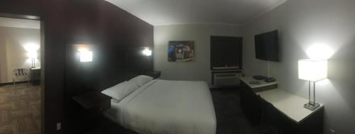 ein Schlafzimmer mit einem großen weißen Bett und zwei Lampen in der Unterkunft Homestead Inn & Suites in Vanderhoof