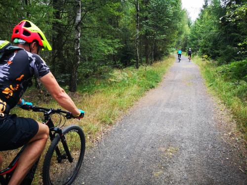a man riding a bike down a dirt road at Pension Čtyřlístek in Tisá