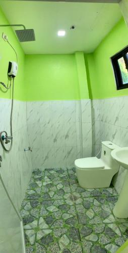 a green bathroom with a toilet and a sink at Kobe's Beachfront Haven in Siquijor