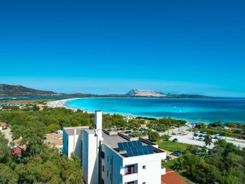 an aerial view of the beach and the ocean at Hotel Onda Marina in San Teodoro