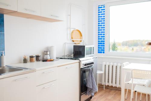 una cucina con forno a microonde e piano cottura forno superiore di Centro apartamentai a Naujoji Akmenė