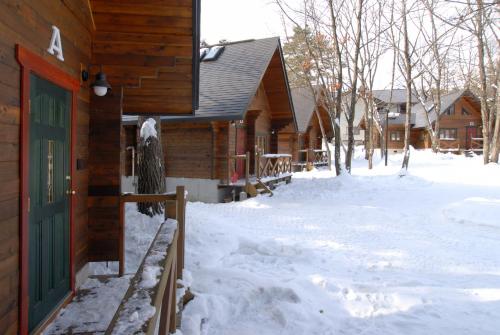 una casa con una puerta verde en la nieve en Hakuba Brownie Cottages, en Hakuba