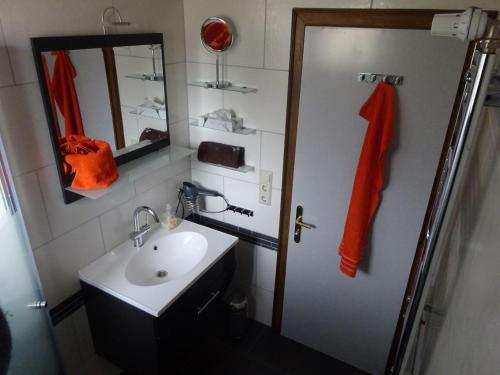 ein Bad mit einem Waschbecken und einem Spiegel in der Unterkunft Landhaus Bonaventura in Millstatt