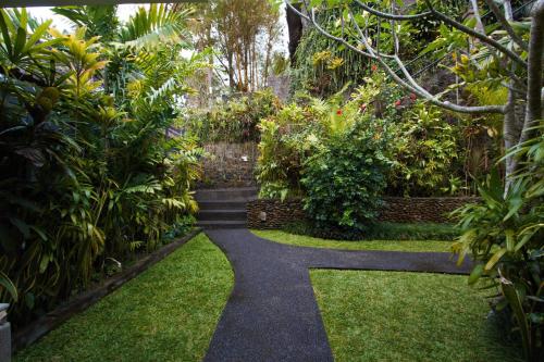 a walkway through a garden with plants and grass at Kukuh House Ubud in Ubud