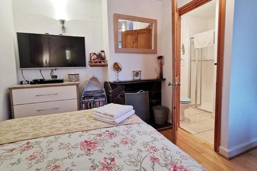 a bedroom with a bed with a tv on the wall at Cosy Snug with shower ensuite - It has beautiful countryside views - Only 3 miles from Lyme Regis, Charmouth and River Cottage - It has a private balcony and a real open fireplace - Comes with free private parking in Axminster