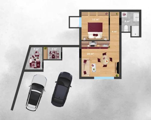 a floor plan of a small apartment with a bedroom at see.view apartment in See