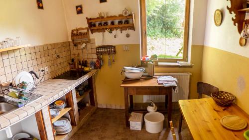 a kitchen with a counter and a sink and a table at U mlynarky in Liptovský Mikuláš
