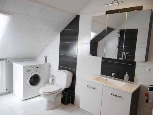 ein Badezimmer mit einem WC und einer Waschmaschine in der Unterkunft Ferienwohnungen Luttmann Ausblick pur in Bad Pyrmont