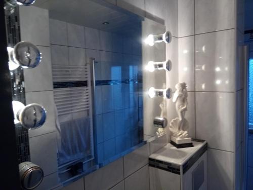 a bathroom with a shower with a statue in it at Harzpension Haus Königskopf in Braunlage